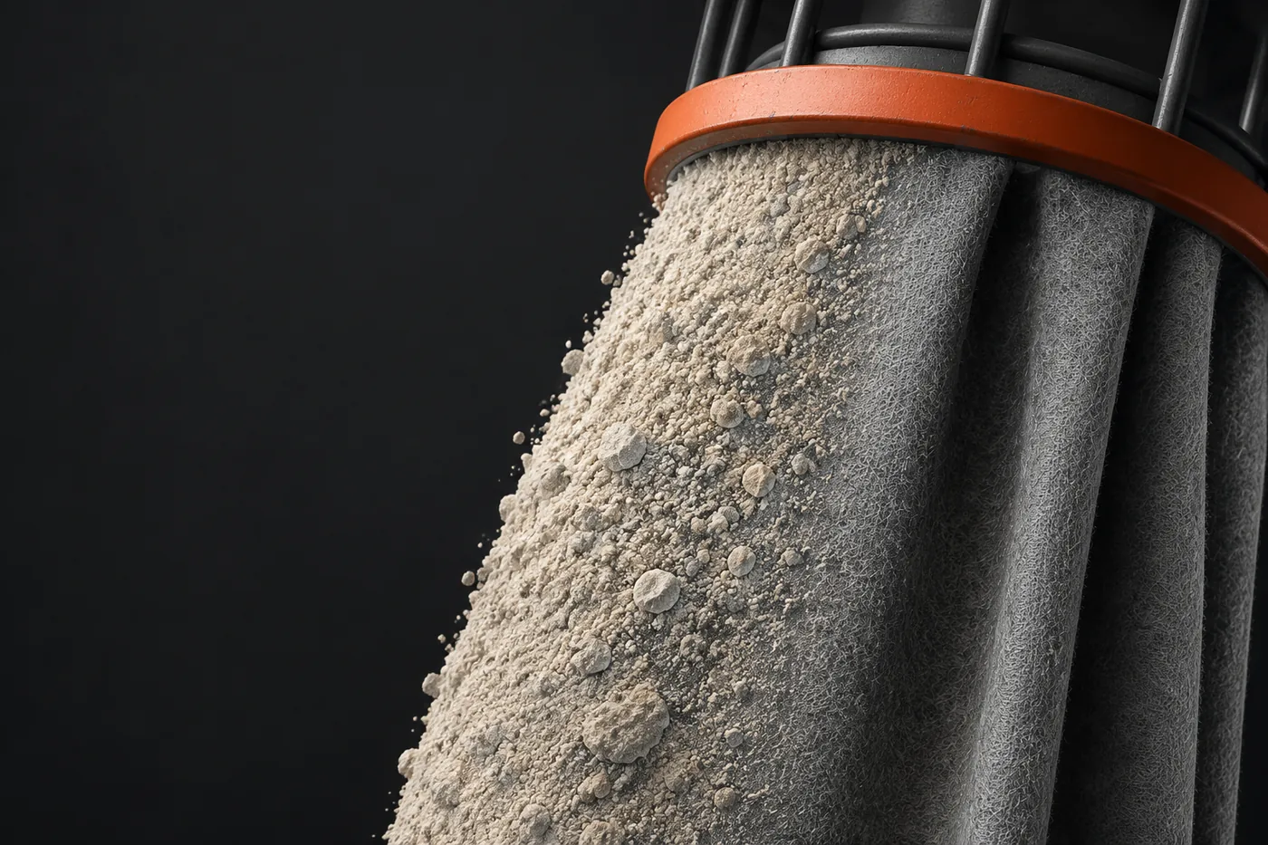 Поверхность фильтрующего материала рукавного фильтра с удерживаемым слоем пыли.