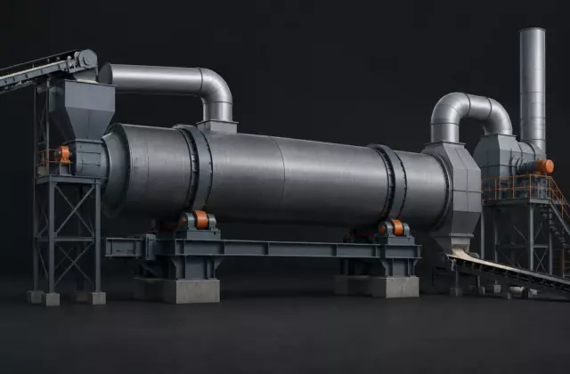 Барабанный охладитель гранулированного удобрения с корпусом, газовыми каналами и опорами в производственной зоне.