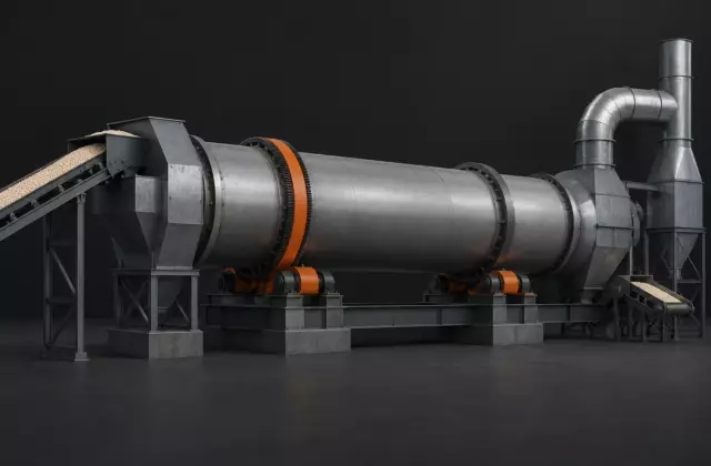 Барабанный охладитель гранул удобрений с корпусом, опорными роликами и газовыми соединениями на производственной линии.