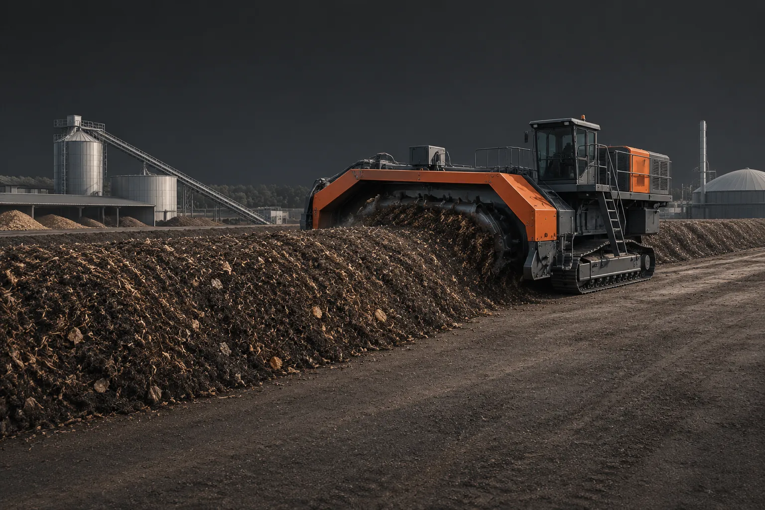 Промышленная зона подготовки органического сырья с буртом компоста и машиной для перемешивания массы