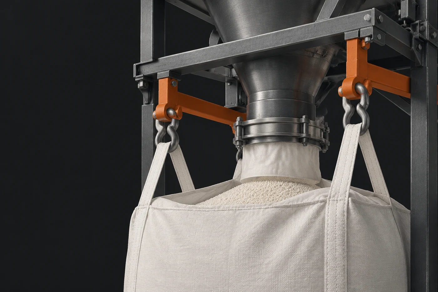 Узел подвеса Big Bag с элементами фиксации тары возле загрузочного патрубка